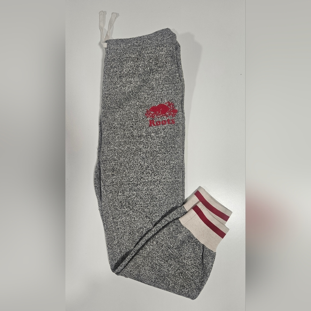 Roots Gray Joggers with Red Logo and Striped Cuffs